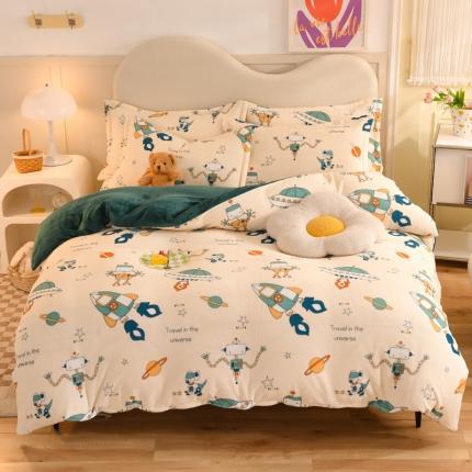 甜之梦家纺 2025新款印花牛奶绒单品四件套 太空机器人米白