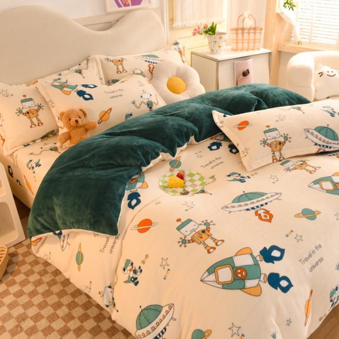 91家纺网 家纺一手货源 找家纺 甜之梦家纺 2025新款印花牛奶绒单品四件套 太空机器人米白