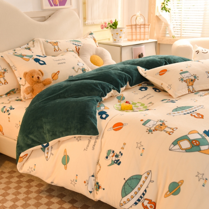 91家纺网 家纺一手货源 找家纺 甜之梦家纺 2025新款印花牛奶绒单品四件套 太空机器人米白