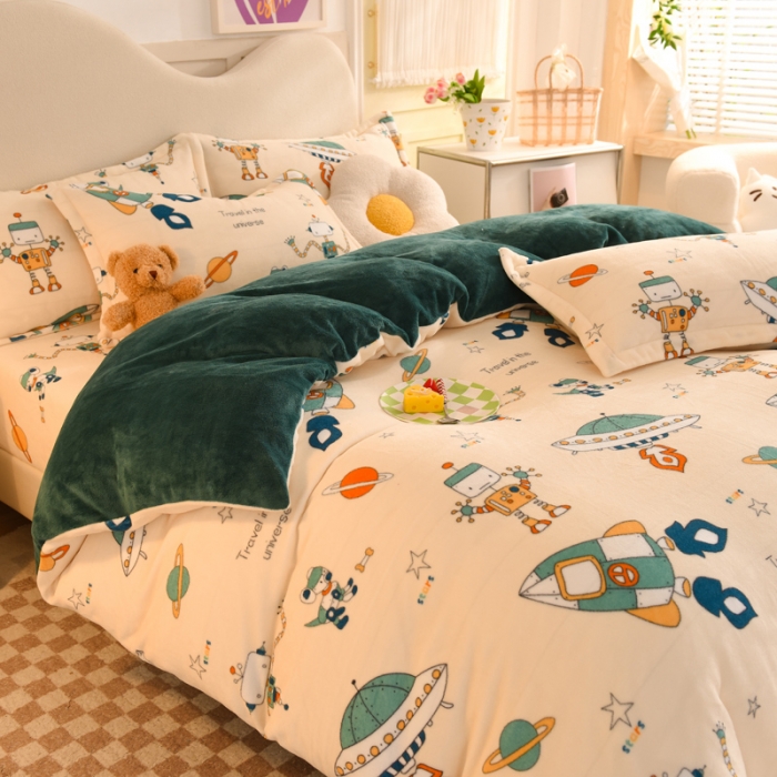 91家纺网 家纺一手货源 找家纺 甜之梦家纺 2025新款印花牛奶绒单品四件套 太空机器人米白