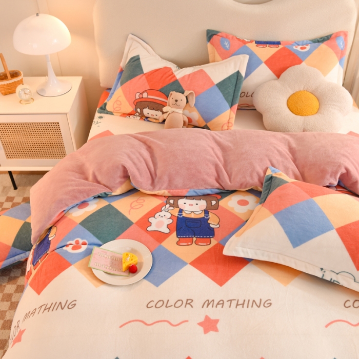 91家纺网 家纺一手货源 找家纺 甜之梦家纺 2025新款印花牛奶绒单品四件套 校园女孩