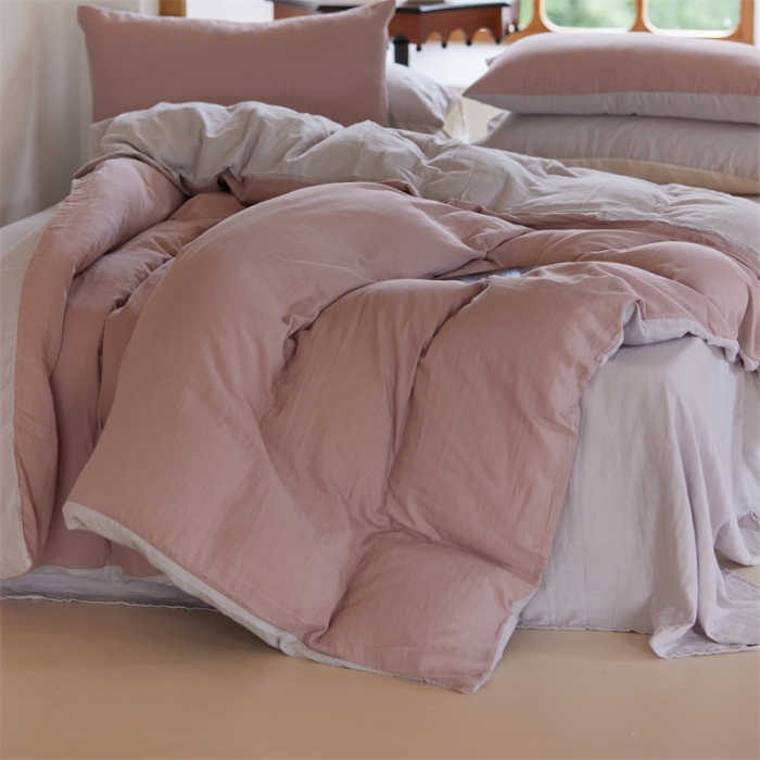 91家纺网 家纺一手货源 找家纺 安莱生活 2022新款全棉双层纱纯色四件套--小清新风 灰粉