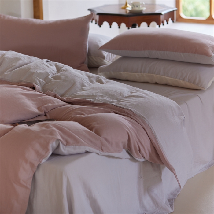 91家纺网 家纺一手货源 找家纺 安莱生活 2022新款全棉双层纱纯色四件套--小清新风 灰粉