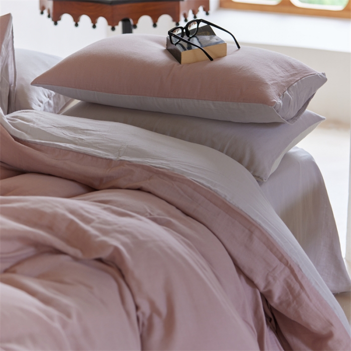 91家纺网 家纺一手货源 找家纺 安莱生活 2022新款全棉双层纱纯色四件套--小清新风 灰粉