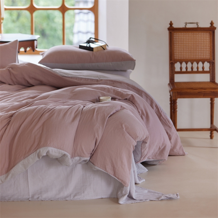 91家纺网 家纺一手货源 找家纺 安莱生活 2022新款全棉双层纱纯色四件套--小清新风 灰粉