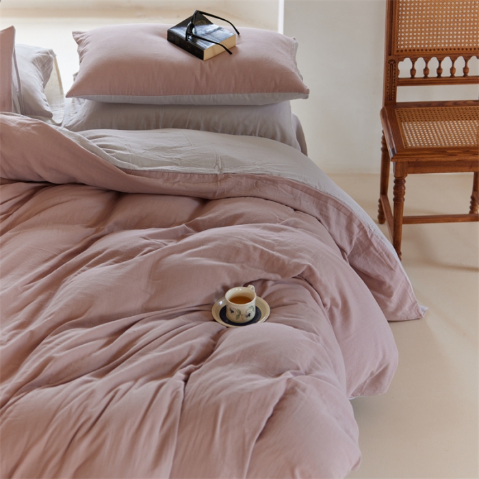 91家纺网 家纺一手货源 找家纺 安莱生活 2022新款全棉双层纱纯色四件套--小清新风 灰粉