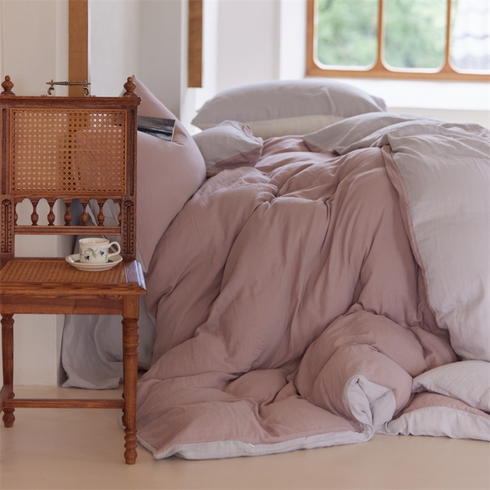 91家纺网 家纺一手货源 找家纺 安莱生活 2022新款全棉双层纱纯色四件套--小清新风 灰粉