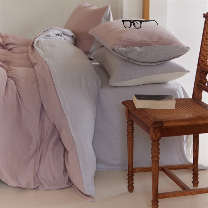 91家纺网 家纺一手货源 找家纺 安莱生活 2022新款全棉双层纱纯色四件套--小清新风 灰粉