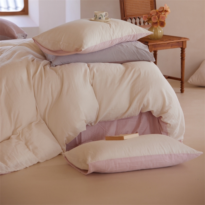 91家纺网 家纺一手货源 找家纺 安莱生活 2022新款全棉双层纱纯色四件套--小清新风 奶粉