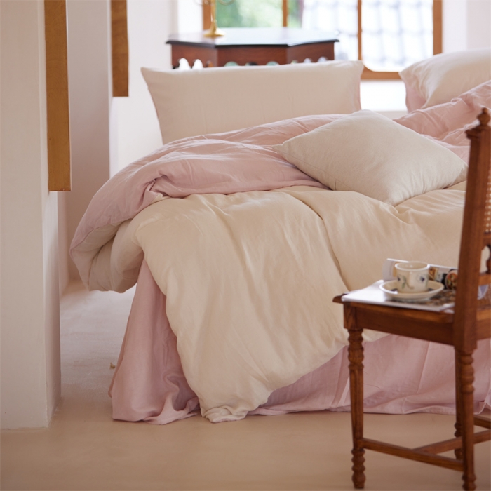 91家纺网 家纺一手货源 找家纺 安莱生活 2022新款全棉双层纱纯色四件套--小清新风 奶粉