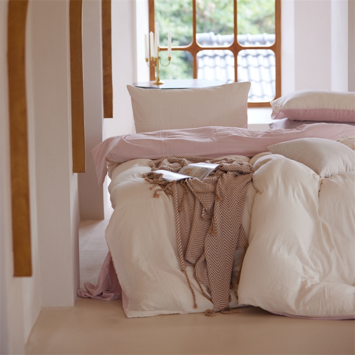 91家纺网 家纺一手货源 找家纺 安莱生活 2022新款全棉双层纱纯色四件套--小清新风 奶粉