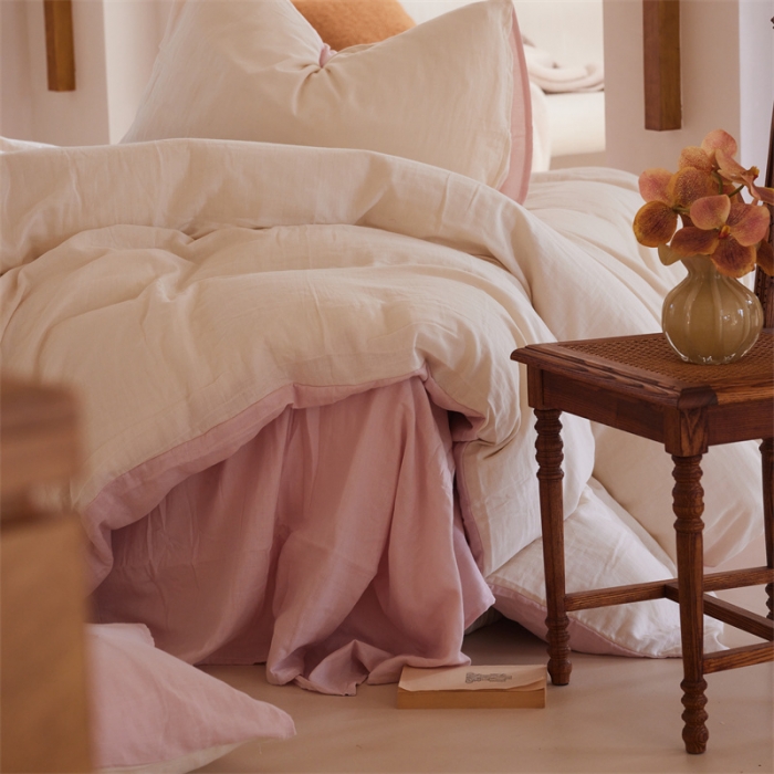 91家纺网 家纺一手货源 找家纺 安莱生活 2022新款全棉双层纱纯色四件套--小清新风 奶粉