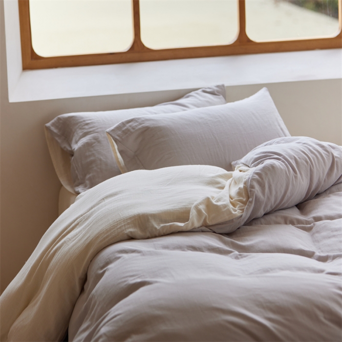 91家纺网 家纺一手货源 找家纺 安莱生活 2022新款全棉双层纱纯色四件套--小清新风 奶盐