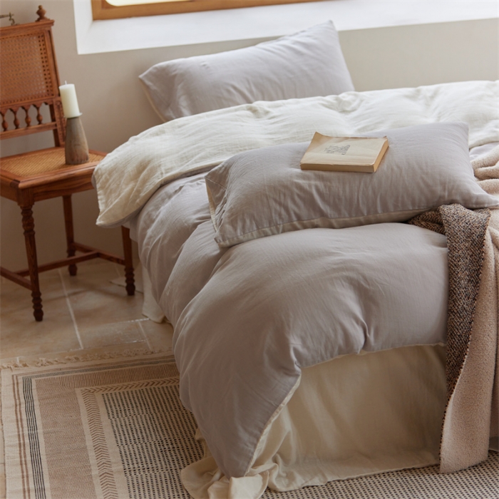 91家纺网 家纺一手货源 找家纺 安莱生活 2022新款全棉双层纱纯色四件套--小清新风 奶盐