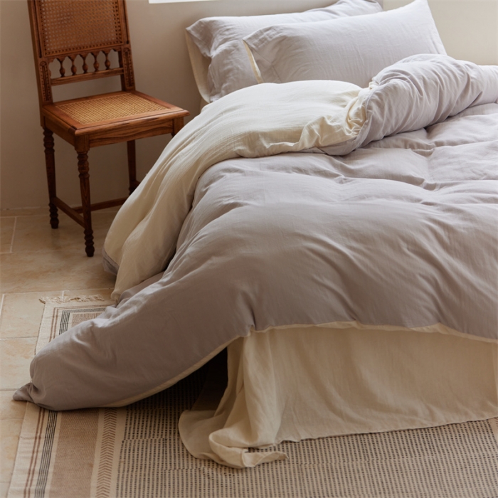 91家纺网 家纺一手货源 找家纺 安莱生活 2022新款全棉双层纱纯色四件套--小清新风 奶盐