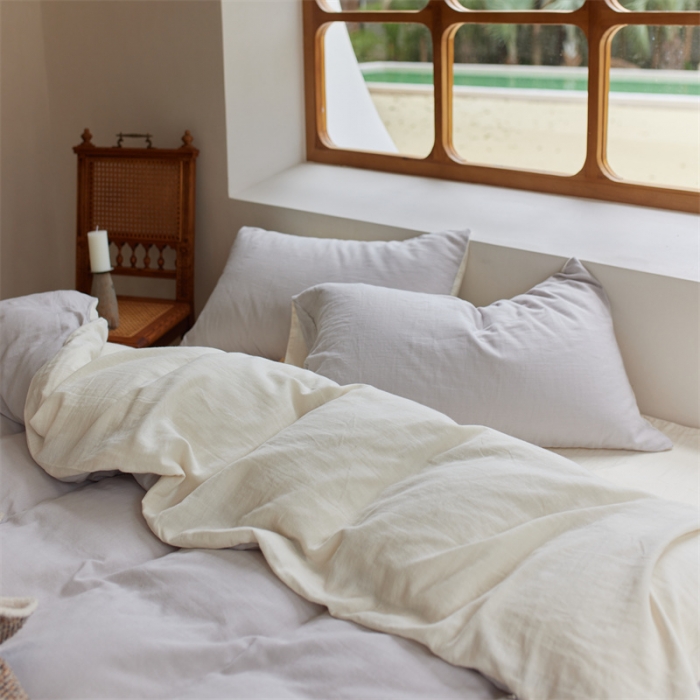 91家纺网 家纺一手货源 找家纺 安莱生活 2022新款全棉双层纱纯色四件套--小清新风 奶盐