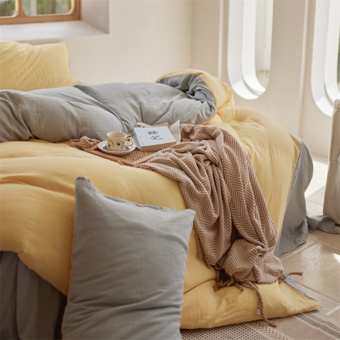 91家纺网 家纺一手货源 找家纺 安莱生活 2022新款全棉双层纱纯色四件套--小清新风 柠檬