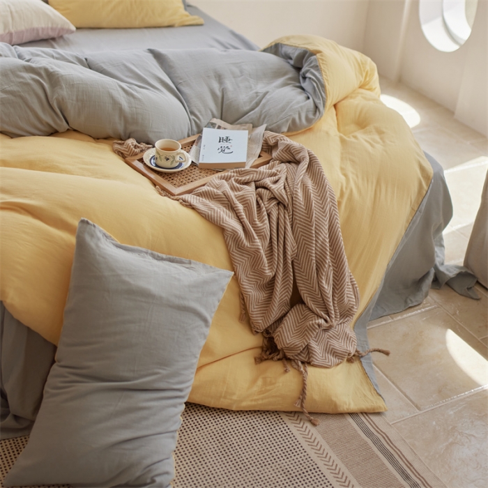 91家纺网 家纺一手货源 找家纺 安莱生活 2022新款全棉双层纱纯色四件套--小清新风 柠檬