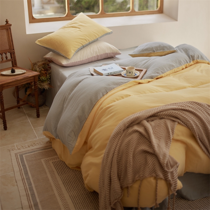 91家纺网 家纺一手货源 找家纺 安莱生活 2022新款全棉双层纱纯色四件套--小清新风 柠檬