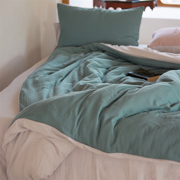 91家纺网 家纺一手货源 找家纺 安莱生活 2022新款全棉双层纱纯色四件套--小清新风 青绿