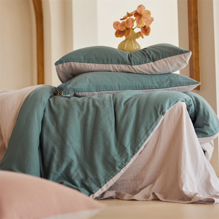 91家纺网 家纺一手货源 找家纺 安莱生活 2022新款全棉双层纱纯色四件套--小清新风 青绿