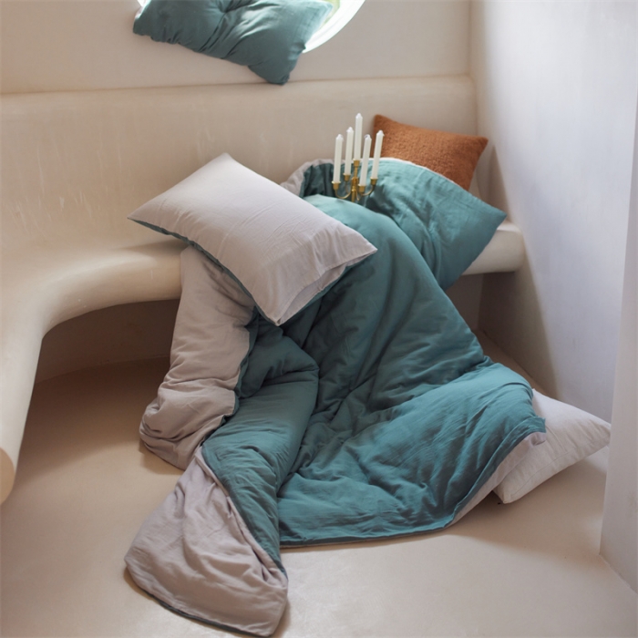 91家纺网 家纺一手货源 找家纺 安莱生活 2022新款全棉双层纱纯色四件套--小清新风 青绿