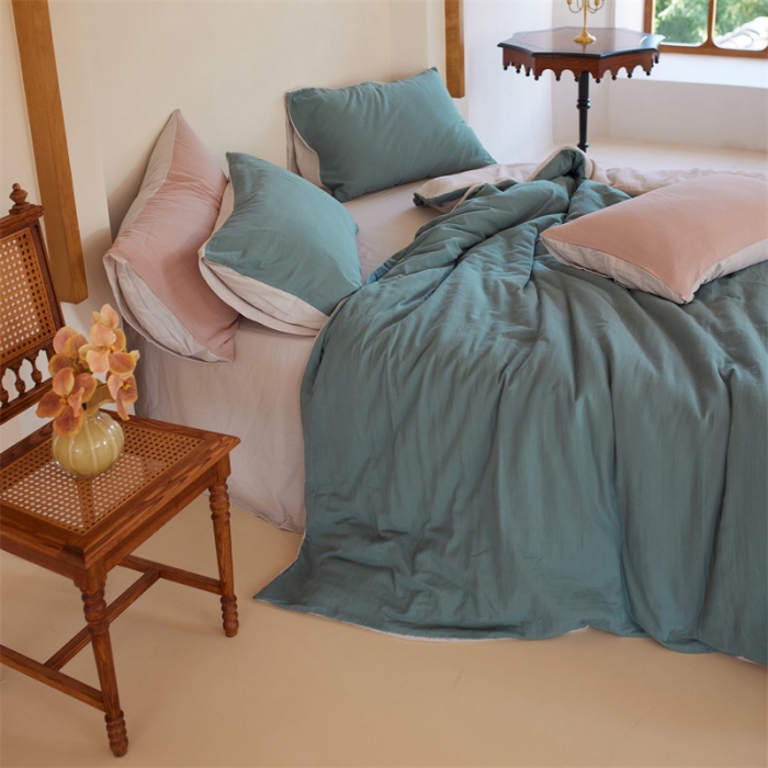 91家纺网 家纺一手货源 找家纺 安莱生活 2022新款全棉双层纱纯色四件套--小清新风 青绿