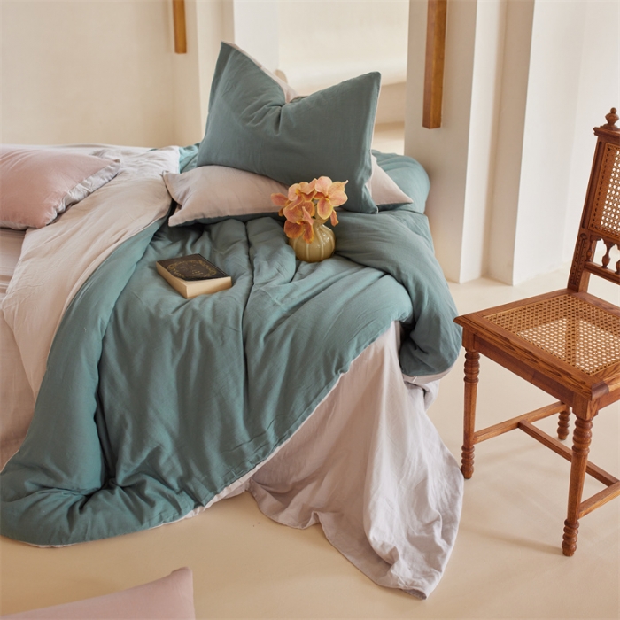 91家纺网 家纺一手货源 找家纺 安莱生活 2022新款全棉双层纱纯色四件套--小清新风 青绿
