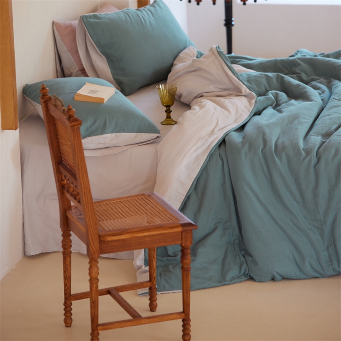 91家纺网 家纺一手货源 找家纺 安莱生活 2022新款全棉双层纱纯色四件套--小清新风 青绿