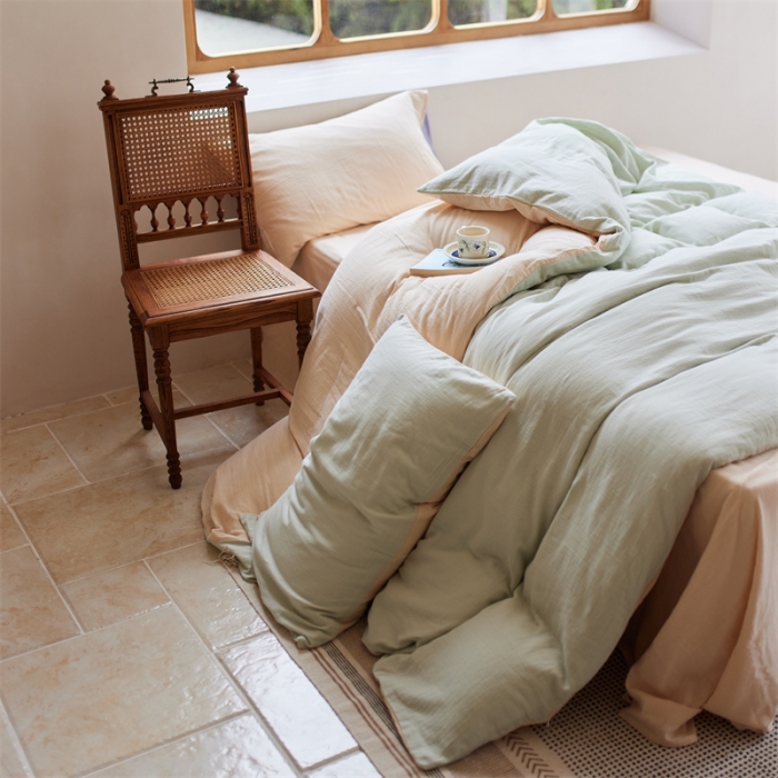 91家纺网 家纺一手货源 找家纺 安莱生活 2022新款全棉双层纱纯色四件套--小清新风 青杏