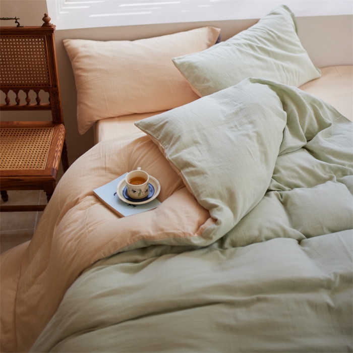 91家纺网 家纺一手货源 找家纺 安莱生活 2022新款全棉双层纱纯色四件套--小清新风 青杏