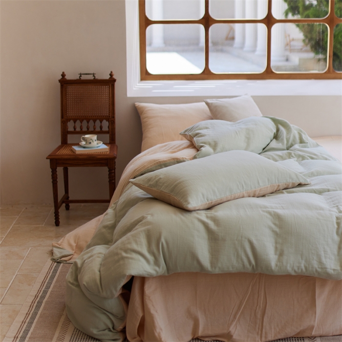 91家纺网 家纺一手货源 找家纺 安莱生活 2022新款全棉双层纱纯色四件套--小清新风 青杏