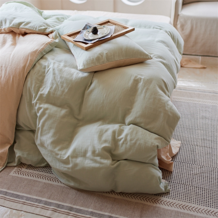 91家纺网 家纺一手货源 找家纺 安莱生活 2022新款全棉双层纱纯色四件套--小清新风 青杏