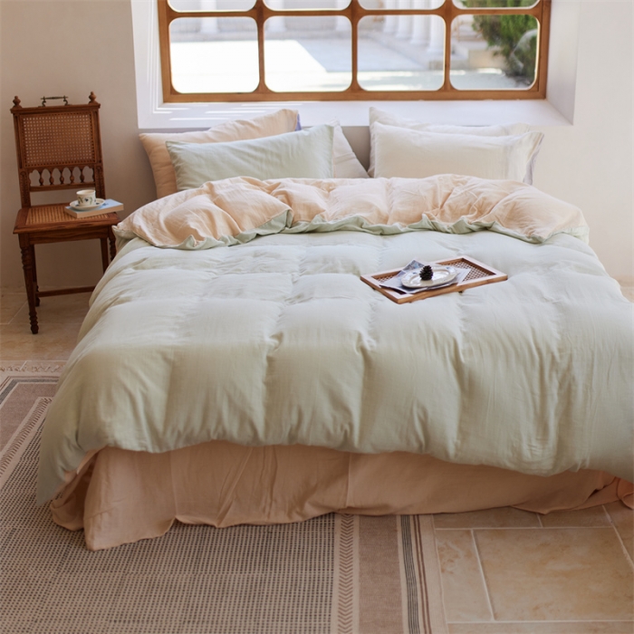 91家纺网 家纺一手货源 找家纺 安莱生活 2022新款全棉双层纱纯色四件套--小清新风 青杏