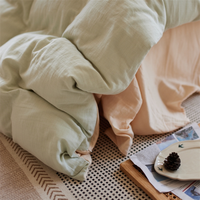 91家纺网 家纺一手货源 找家纺 安莱生活 2022新款全棉双层纱纯色四件套--小清新风 青杏