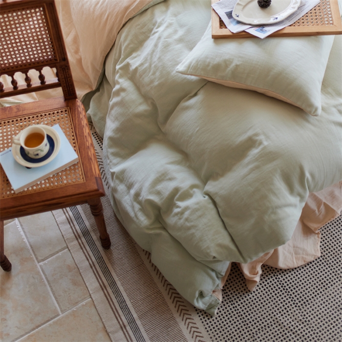 91家纺网 家纺一手货源 找家纺 安莱生活 2022新款全棉双层纱纯色四件套--小清新风 青杏