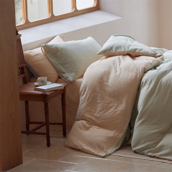 91家纺网 家纺一手货源 找家纺 安莱生活 2022新款全棉双层纱纯色四件套--小清新风 青杏