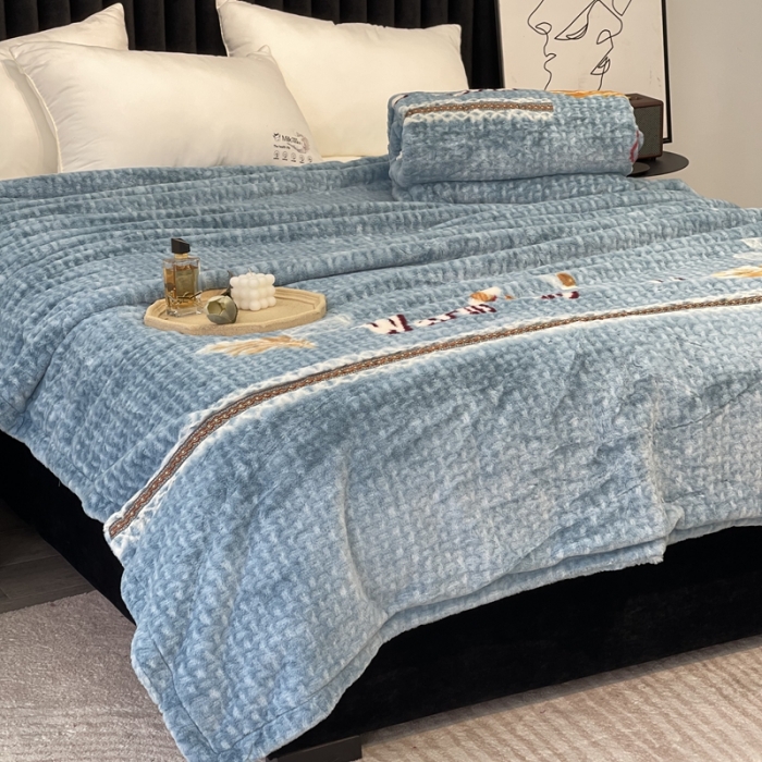 91家纺网 家纺一手货源 找家纺 缔缦 2022新款More design毛毯 裘皮毯 蓝色-叶子