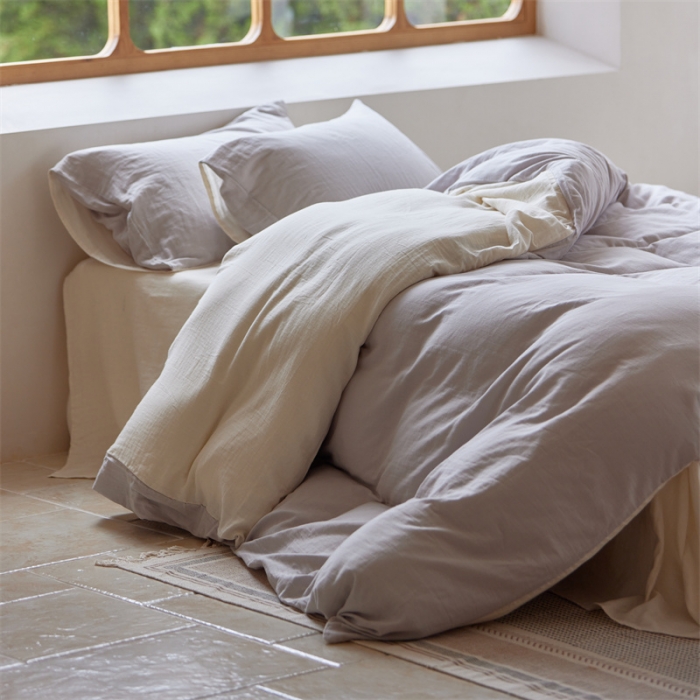 91家纺网 家纺一手货源 找家纺 安莱生活 2022新款全棉双层纱纯色四件套--小清新风 奶盐