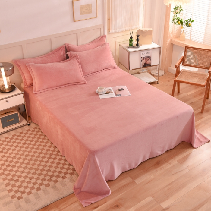 91家纺网 家纺一手货源 找家纺 甜之梦2025牛奶绒纯色拼色单品四件套床单（可定制尺寸） 淡粉加深灰拼色