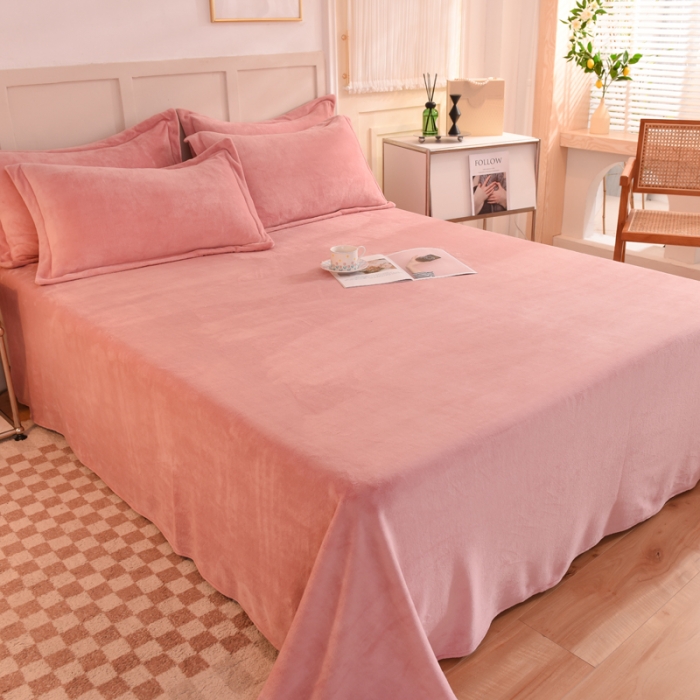 91家纺网 家纺一手货源 找家纺 甜之梦2025牛奶绒纯色拼色单品四件套床单（可定制尺寸） 淡粉加深灰拼色