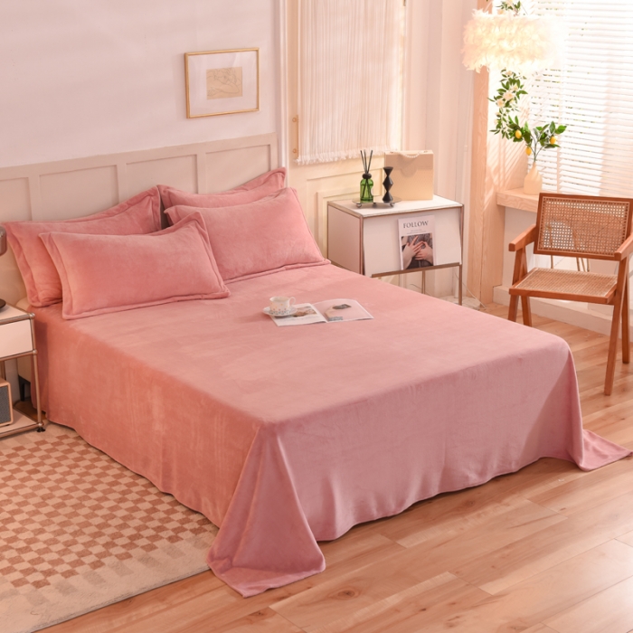 91家纺网 家纺一手货源 找家纺 甜之梦2025牛奶绒纯色拼色单品四件套床单（可定制尺寸） 淡粉加深灰拼色