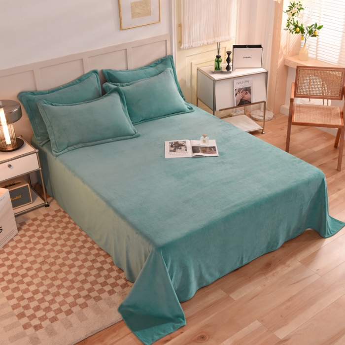 91家纺网 家纺一手货源 找家纺 甜之梦2025牛奶绒纯色拼色单品四件套床单（可定制尺寸）湖绿拼色