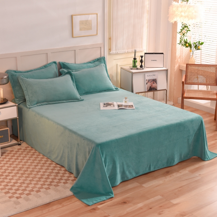 91家纺网 家纺一手货源 找家纺 甜之梦2025牛奶绒纯色拼色单品四件套床单（可定制尺寸）湖绿拼色