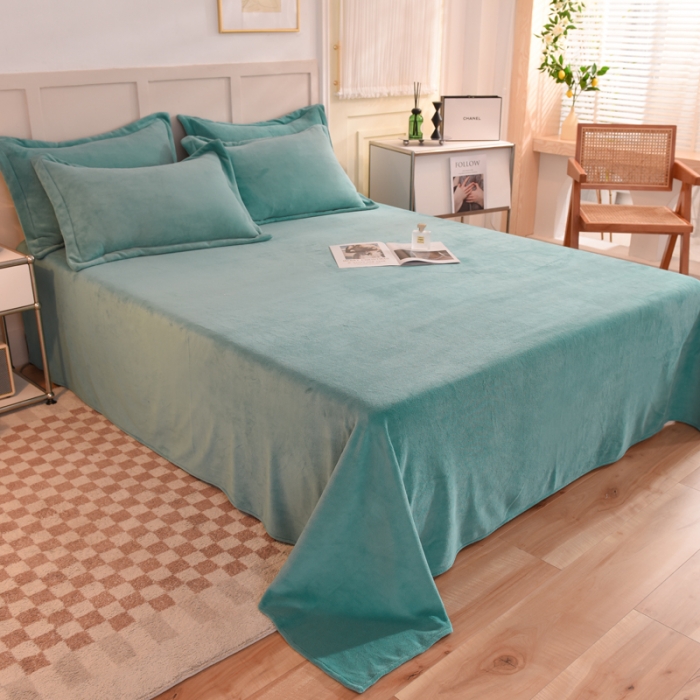 91家纺网 家纺一手货源 找家纺 甜之梦2025牛奶绒纯色拼色单品四件套床单（可定制尺寸）湖绿拼色