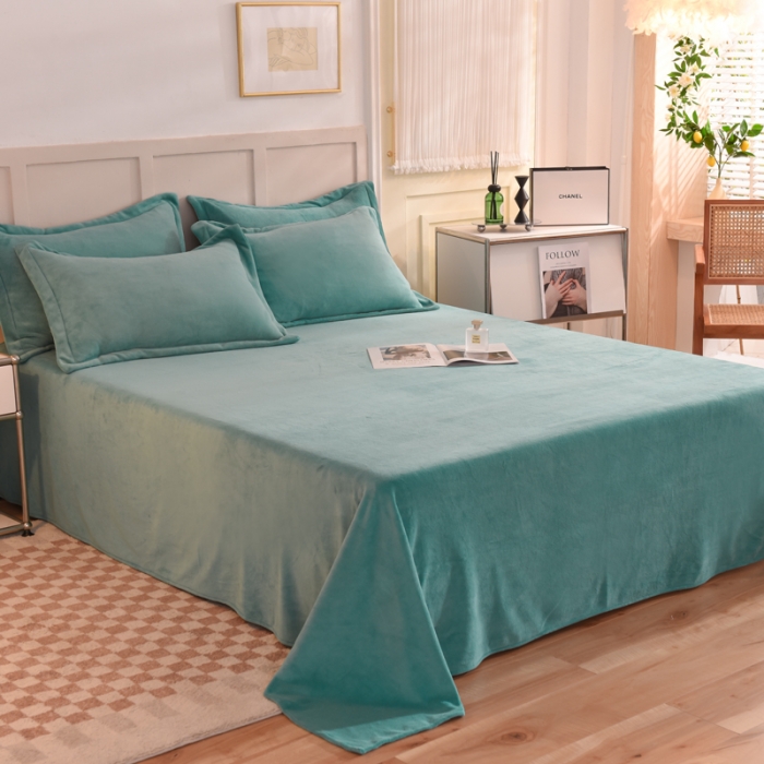 91家纺网 家纺一手货源 找家纺 甜之梦2025牛奶绒纯色拼色单品四件套床单（可定制尺寸）湖绿拼色