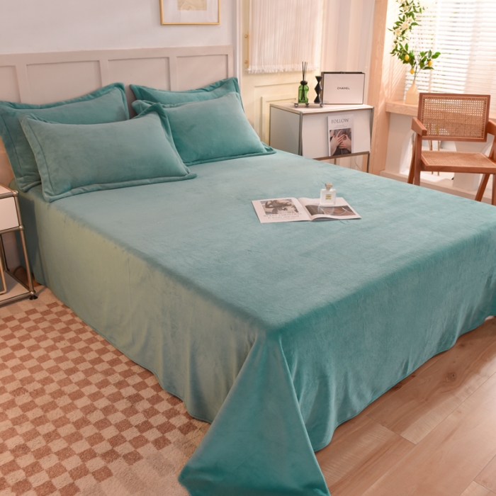 91家纺网 家纺一手货源 找家纺 甜之梦2025牛奶绒纯色拼色单品四件套床单（可定制尺寸）湖绿拼色