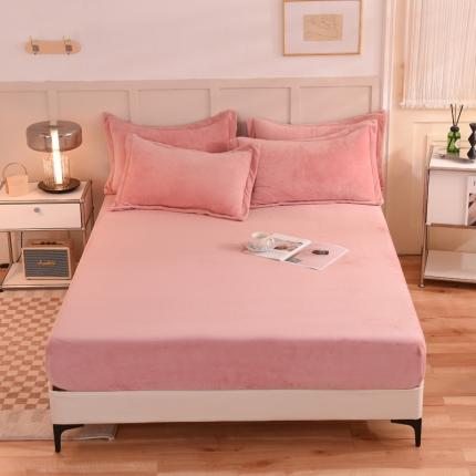 甜之梦  2025牛奶绒纯色拼色单品四件套床笠（可定制尺寸） 淡粉加深灰拼色