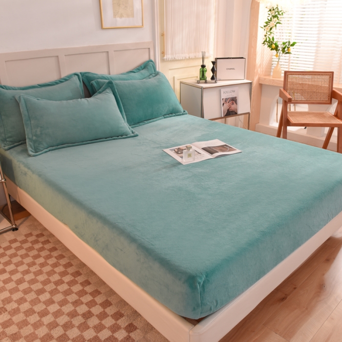 91家纺网 家纺一手货源 找家纺 甜之梦 2025牛奶绒纯色拼色单品四件套床笠（可定制尺寸） 湖绿拼色