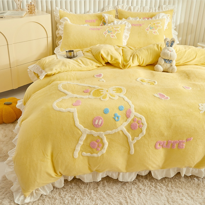 91家纺网 家纺一手货源 找家纺 泉欣新款牛奶绒卡通毛巾绣福兔系列四件套（专版花型） 福兔-黄